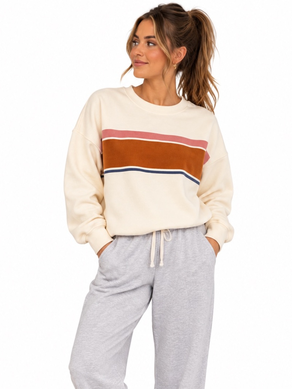 Madewell Cotton Mainstay Kimball Stripe Sweatshirt Cream Rust Pink Navy L